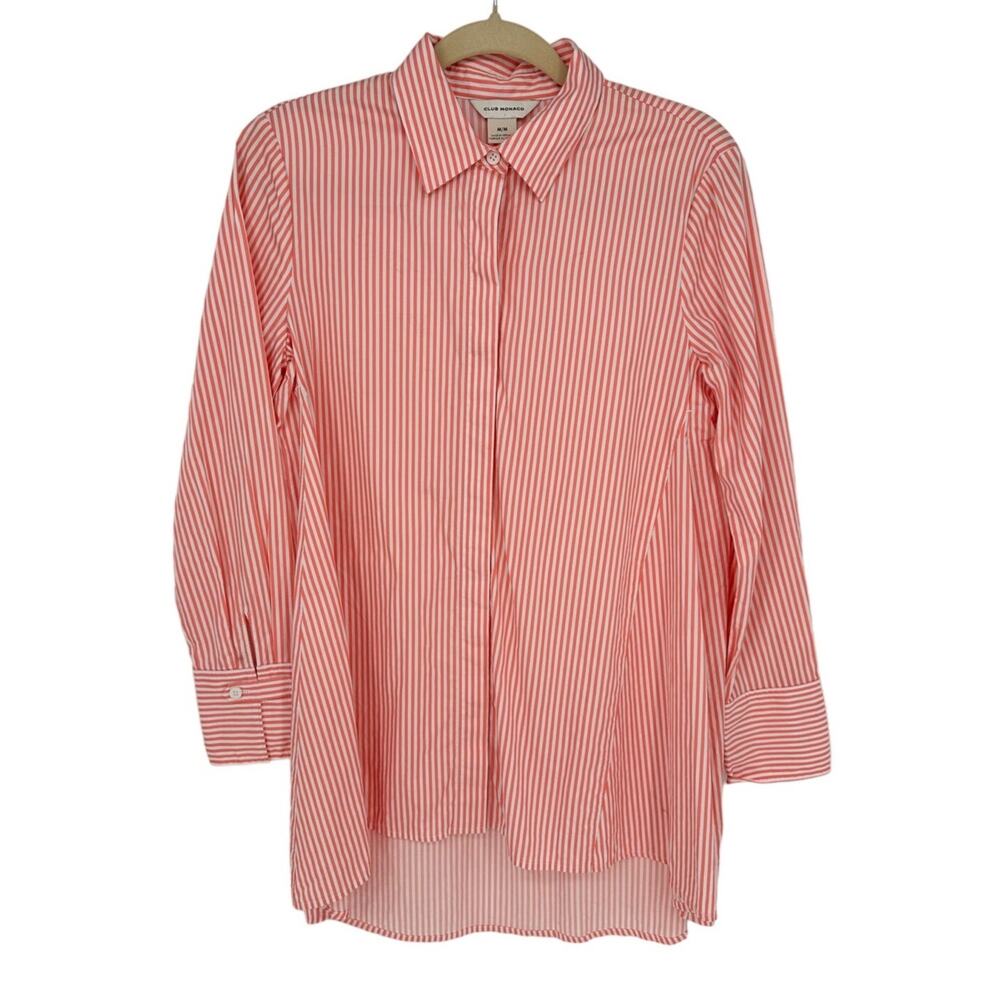 Club Monaco Striped Button Down Swing Top Pink White Oversized Cotton Women's M